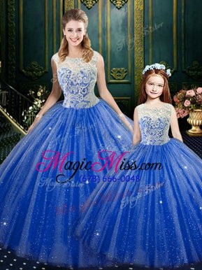 Stylish Royal Blue Tulle Zipper High-neck Sleeveless Floor Length Sweet 16 Dress Lace