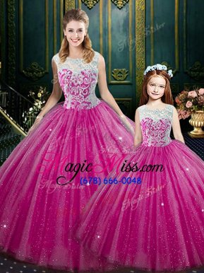 Elegant Hot Pink Sweet 16 Dresses Military Ball and Sweet 16 and Quinceanera and For with Lace High-neck Sleeveless Lace Up
