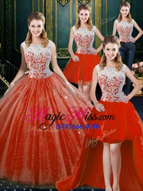 Best Selling Four Piece Orange Red Quinceanera Dress Military Ball and Sweet 16 and Quinceanera and For with Beading and Lace High-neck Sleeveless Zipper