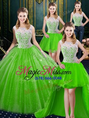 Four Piece Tulle Sleeveless Floor Length Quinceanera Gowns Brush Train and Lace