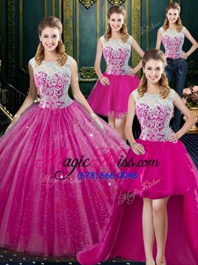 Custom Designed Four Piece High-neck Sleeveless 15 Quinceanera Dress Floor Length Lace Fuchsia Tulle