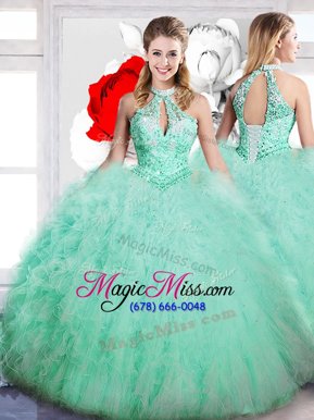 Most Popular Sleeveless Floor Length Beading Lace Up Sweet 16 Quinceanera Dress with Apple Green