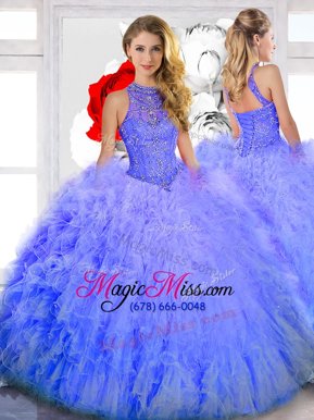Excellent Ball Gowns Quince Ball Gowns Lavender High-neck Tulle Sleeveless Floor Length Lace Up