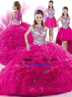 Flirting Four Piece High-neck Sleeveless 15 Quinceanera Dress Floor Length Beading and Pick Ups Hot Pink Organza