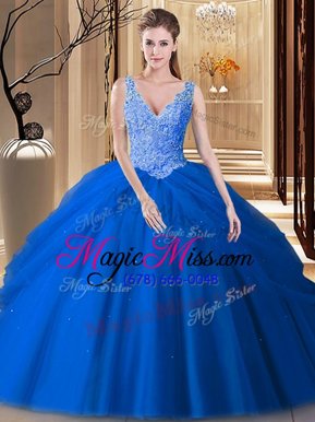 Discount Lace and Pick Ups Quinceanera Dresses Blue Backless Sleeveless Floor Length