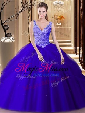 Royal Blue and Navy Blue Ball Gowns V-neck Sleeveless Tulle Floor Length Backless Lace and Appliques and Pick Ups Ball Gown Prom Dress