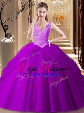 Edgy Purple V-neck Neckline Appliques and Pick Ups Quinceanera Dress Sleeveless Backless