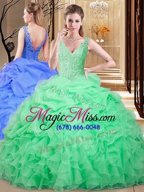 Exquisite Floor Length Backless 15th Birthday Dress Apple Green and In for Military Ball and Sweet 16 and Quinceanera with Lace and Appliques and Pick Ups