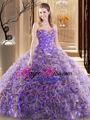Fitting Multi-color Ball Gowns Embroidery and Ruffles Quinceanera Dress Lace Up Fabric With Rolling Flowers Sleeveless With Train