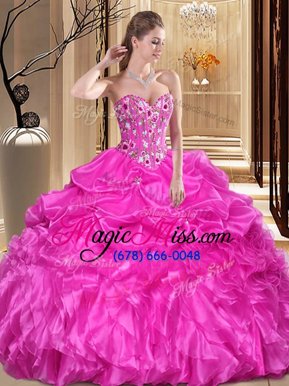 Hot Sale Organza Sleeveless Floor Length Quince Ball Gowns and Embroidery and Ruffles