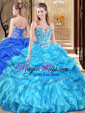 Custom Fit Sleeveless Organza Floor Length Lace Up Quince Ball Gowns in Aqua Blue for with Lace and Appliques