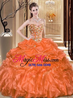 Orange Organza Lace Up Sweet 16 Quinceanera Dress Sleeveless Floor Length Embroidery and Ruffles