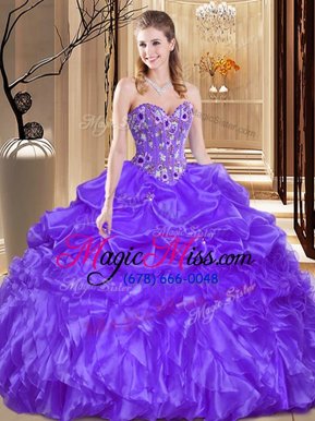 Suitable Purple Ball Gowns Sweetheart Sleeveless Organza Floor Length Lace Up Beading and Embroidery Quince Ball Gowns