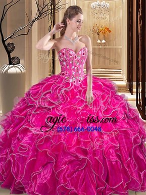 New Arrival Fuchsia Lace Up Quinceanera Gowns Embroidery and Ruffles Sleeveless Floor Length