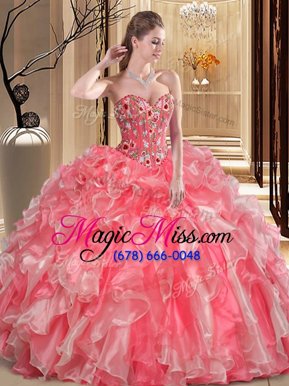 Decent Watermelon Red Organza Lace Up Sweetheart Sleeveless Floor Length Quinceanera Dress Embroidery and Ruffles