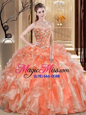 Flirting Organza Sweetheart Sleeveless Lace Up Beading and Ruffles Quinceanera Gowns in Orange