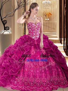 Nice Fuchsia Sleeveless Court Train Embroidery and Pick Ups Quince Ball Gowns
