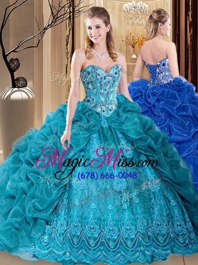 Eye-catching Teal Organza Lace Up 15 Quinceanera Dress Sleeveless Floor Length Embroidery and Pick Ups