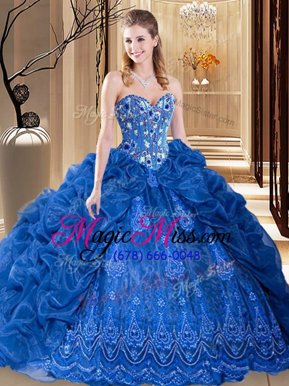 Sweet Royal Blue Sweetheart Lace Up Embroidery and Pick Ups Quinceanera Dresses Court Train Sleeveless