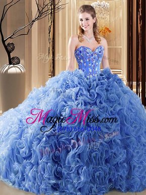 Romantic Blue Sweetheart Lace Up Embroidery and Ruffles Ball Gown Prom Dress Court Train Sleeveless