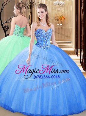 Inexpensive Tulle Sweetheart Sleeveless Lace Up Embroidery 15 Quinceanera Dress in Blue