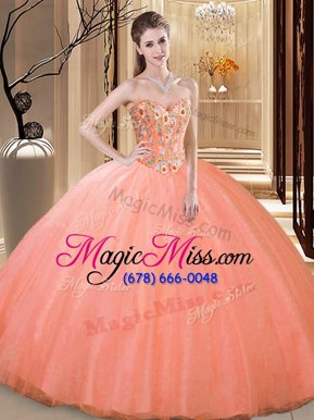 Fancy Sleeveless Tulle Floor Length Lace Up Quince Ball Gowns in Peach for with Embroidery