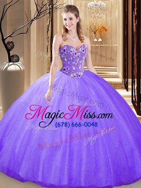 Smart Floor Length Lace Up Quinceanera Dresses Lavender and In for Prom and Military Ball and Sweet 16 and Quinceanera with Embroidery
