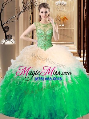 Ball Gowns Beading and Ruffles 15th Birthday Dress Backless Tulle Sleeveless Floor Length