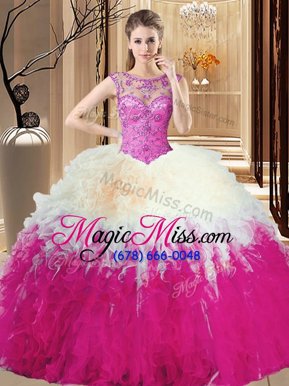 Custom Design Floor Length Backless Sweet 16 Dress Rose Pink and In for Prom and Military Ball and Sweet 16 and Quinceanera with Beading and Ruffles