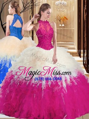 Customized Multi-color High-neck Backless Lace and Appliques and Ruffles Quinceanera Gown Sleeveless