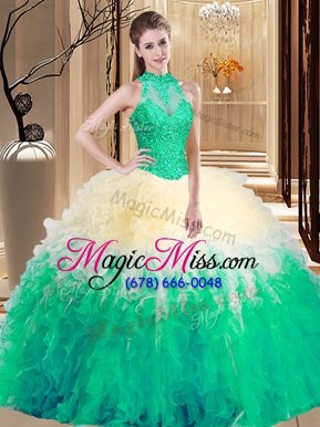 Latest Floor Length Backless Quinceanera Dress Multi-color and In for Military Ball and Sweet 16 and Quinceanera with Lace and Appliques and Ruffles