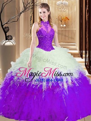 High Quality White And Purple High-neck Lace Up Lace and Appliques and Ruffles Sweet 16 Quinceanera Dress Sleeveless