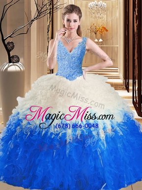 Sleeveless Floor Length Lace and Appliques and Ruffles Zipper Sweet 16 Dresses with Multi-color