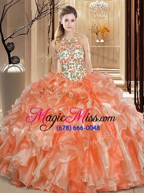 Exquisite Scoop Sleeveless Organza Vestidos de Quinceanera Embroidery and Ruffles Backless