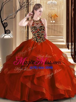 Lovely Scoop Orange Red Sleeveless Tulle Brush Train Backless Vestidos de Quinceanera for Military Ball and Sweet 16 and Quinceanera