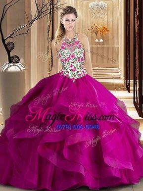 Lovely Scoop Fuchsia Tulle Zipper Sweet 16 Dress Sleeveless Brush Train Embroidery and Ruffles