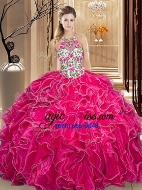 Scoop Embroidery and Ruffles Quinceanera Dress Hot Pink Backless Sleeveless Floor Length