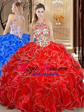 High End Coral Red Backless Scoop Embroidery and Ruffles Quince Ball Gowns Organza Sleeveless