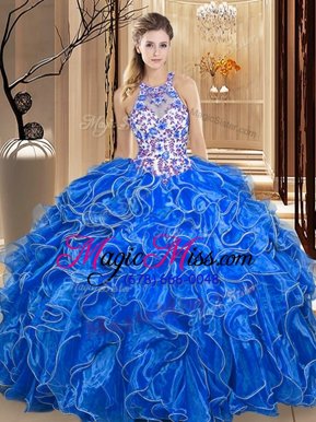 Delicate Ball Gowns Sweet 16 Quinceanera Dress Royal Blue Scoop Organza Sleeveless Floor Length Backless
