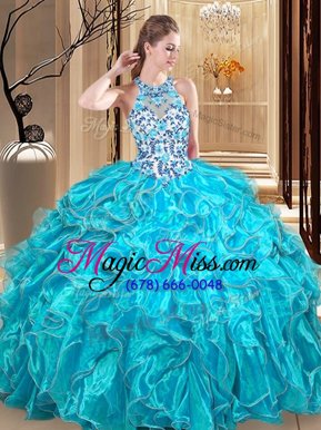 Perfect Scoop Sleeveless Floor Length Embroidery and Ruffles Backless Quinceanera Dresses with Aqua Blue