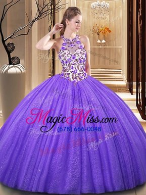 Clearance Lavender Scoop Neckline Embroidery and Sequins Quinceanera Dresses Sleeveless Backless
