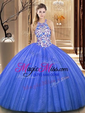 Modest Blue Sleeveless Organza Lace Up Quinceanera Dress for Military Ball and Sweet 16 and Quinceanera