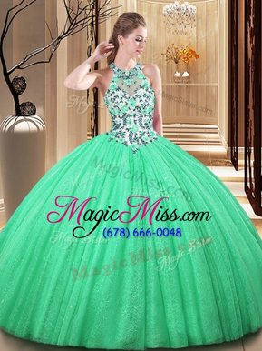 Flirting Green Tulle Lace Up High-neck Sleeveless Floor Length 15th Birthday Dress Lace and Appliques