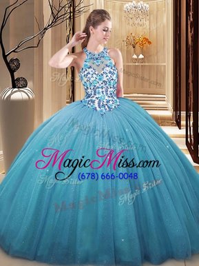 New Arrival High-neck Sleeveless Tulle Sweet 16 Dresses Lace and Appliques Lace Up