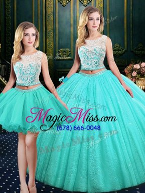Designer Three Piece Blue Scoop Lace Up Lace and Sequins Quinceanera Dresses Sleeveless