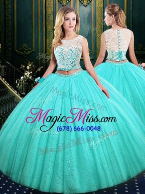 Elegant Tulle and Sequined Scoop Sleeveless Lace Up Lace and Sequins Sweet 16 Quinceanera Dress in Blue