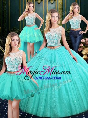 Custom Designed Four Piece Blue Tulle and Sequined Lace Up Scoop Sleeveless Floor Length Sweet 16 Quinceanera Dress Lace and Sequins