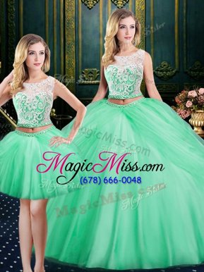 Three Piece Scoop Apple Green Lace Up 15th Birthday Dress Lace and Pick Ups Sleeveless Floor Length