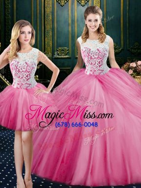 Three Piece Pink Ball Gowns Scoop Sleeveless Tulle Floor Length Zipper Lace and Pick Ups 15th Birthday Dress