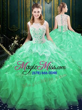 Sweet Scoop Green Sleeveless Brush Train Appliques and Ruffles Quinceanera Dresses